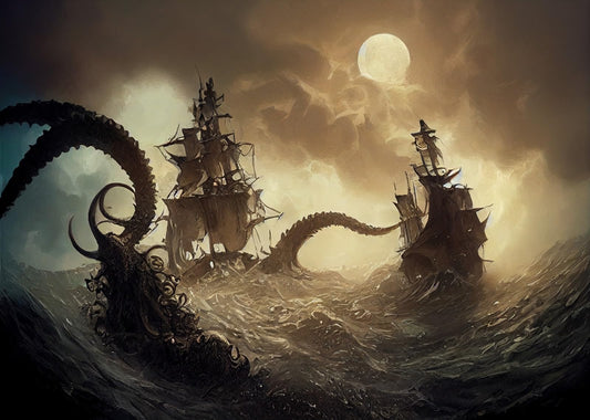 BELECO 7x5ft Fabric Fantasy Pirate Ship Backdrop Full Moon Night Octopus Monster Horror High Seas Nautical Background Pirate Party Decorations Halloween Decor Birthday Shoot Studio Photo Props