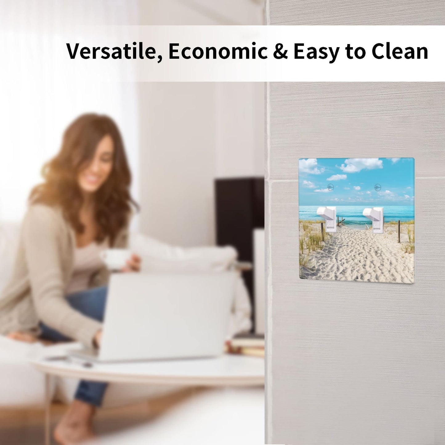 Blue Ocean White Sand Beach Double Toggle Wall Plate Covers 2 Gang Light Switch Cover Decorative Faceplate for Bathroom Bedroom Kitchen Room Decor Wallplate 4.5 x 4.5 in