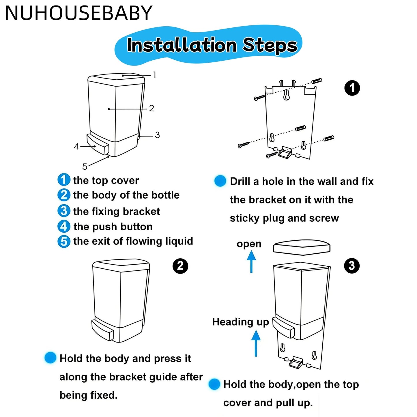 NUHOUSEBABY Manual Soap Dispenser Kitchen Bathroom Wall Mounted Hand Dispensers Commercial for Liquid Containers Shampoo Gel Chamber Plastic - (33.8 oz) 1000ml