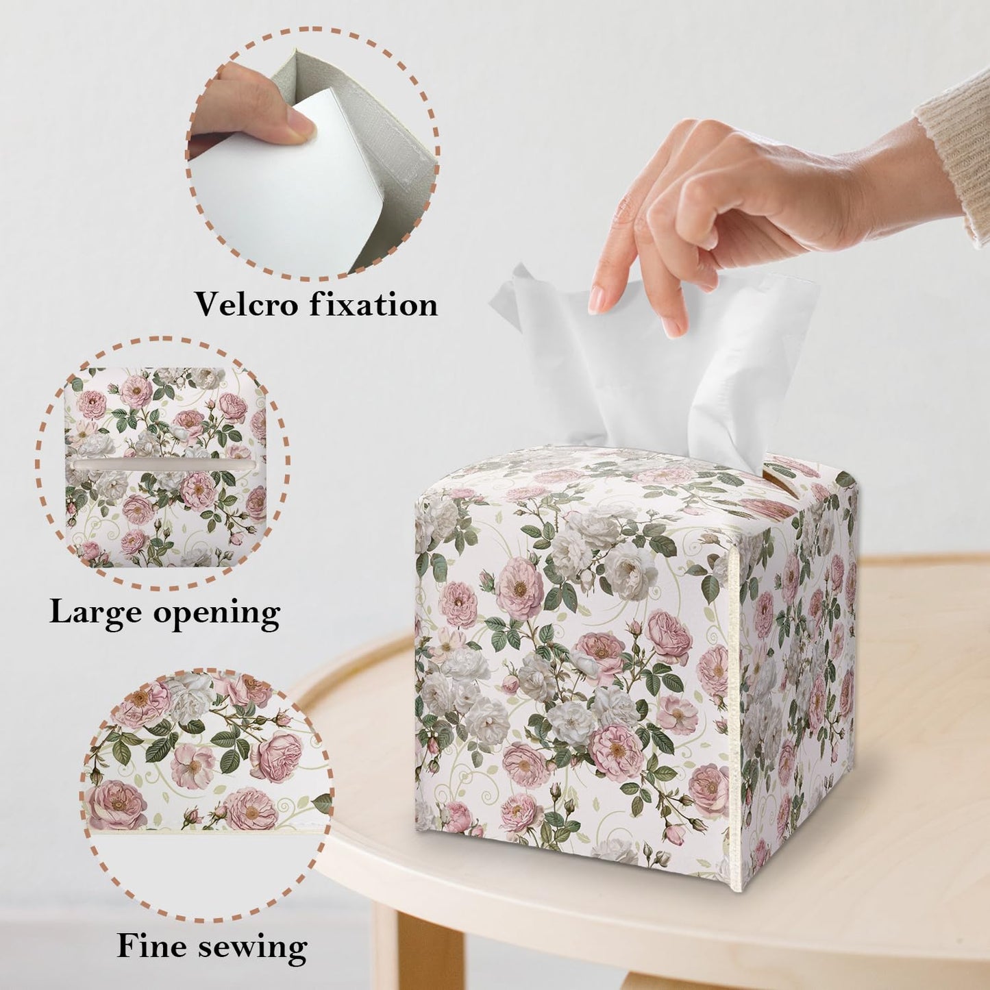 Watercolor Peony Flowers Tissue Box Cover Square - Tissue Box Holder with Bottom Belt, Leather Facial Paper Holder for Bathroom Vanity Countertop, Nightstands, Dining Table, Office, Car -18