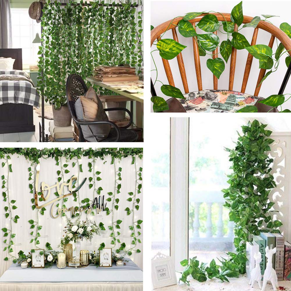 ZWYOQI 84 feet Artificial Vines Greenery Garland Fake Hanging Leaves Faux Foliage Plants for Wedding Party Garden Home Kitchen Office Wall Decorations (Scindapsus/12 Strands)