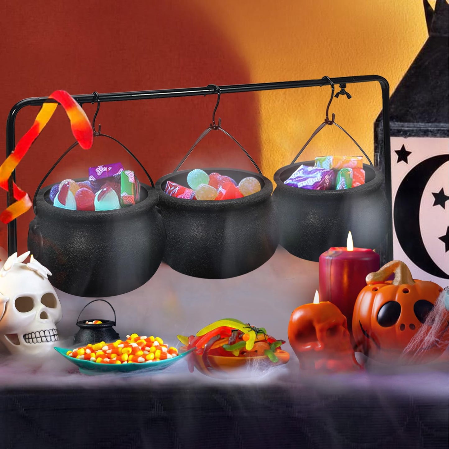 ORIENTAL CHERRY Halloween Decorations Indoor - Set of 3 Witches Cauldron Serving Bowls on Rack - Halloween Party Decorations Halloween Candy Bowl Black Plastic Cauldron for Home Kitchen Decor