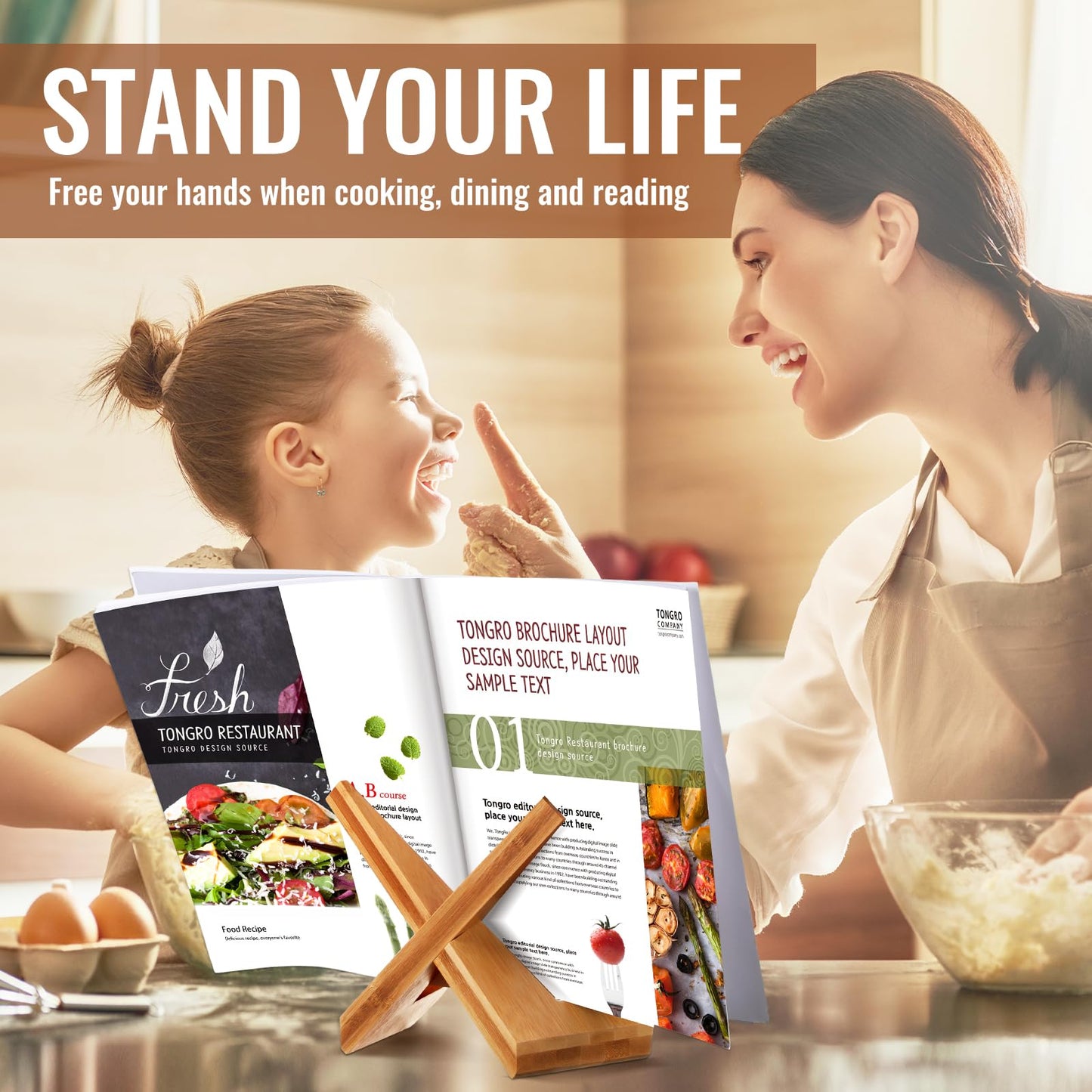 Sunnychicc Cookbook Stand for Kitchen Counter, Kitchen Recipe Book Holder, Bamboo Wooden Cookbook Holder, Rustic Cook Bookstand Tablet Stand for Farmhouse Decor for Hardcovers, Magazine(Brown)