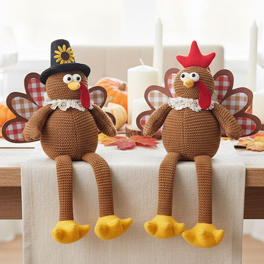 MWDJPXY Christmas Decorations Set of 2 Turkeys with Dangling Legs, Turkey Couple Doll Plush Kit Tabletop Centerpieces for Fall Harvest Home Decor Kitchen Shelf (Brown)