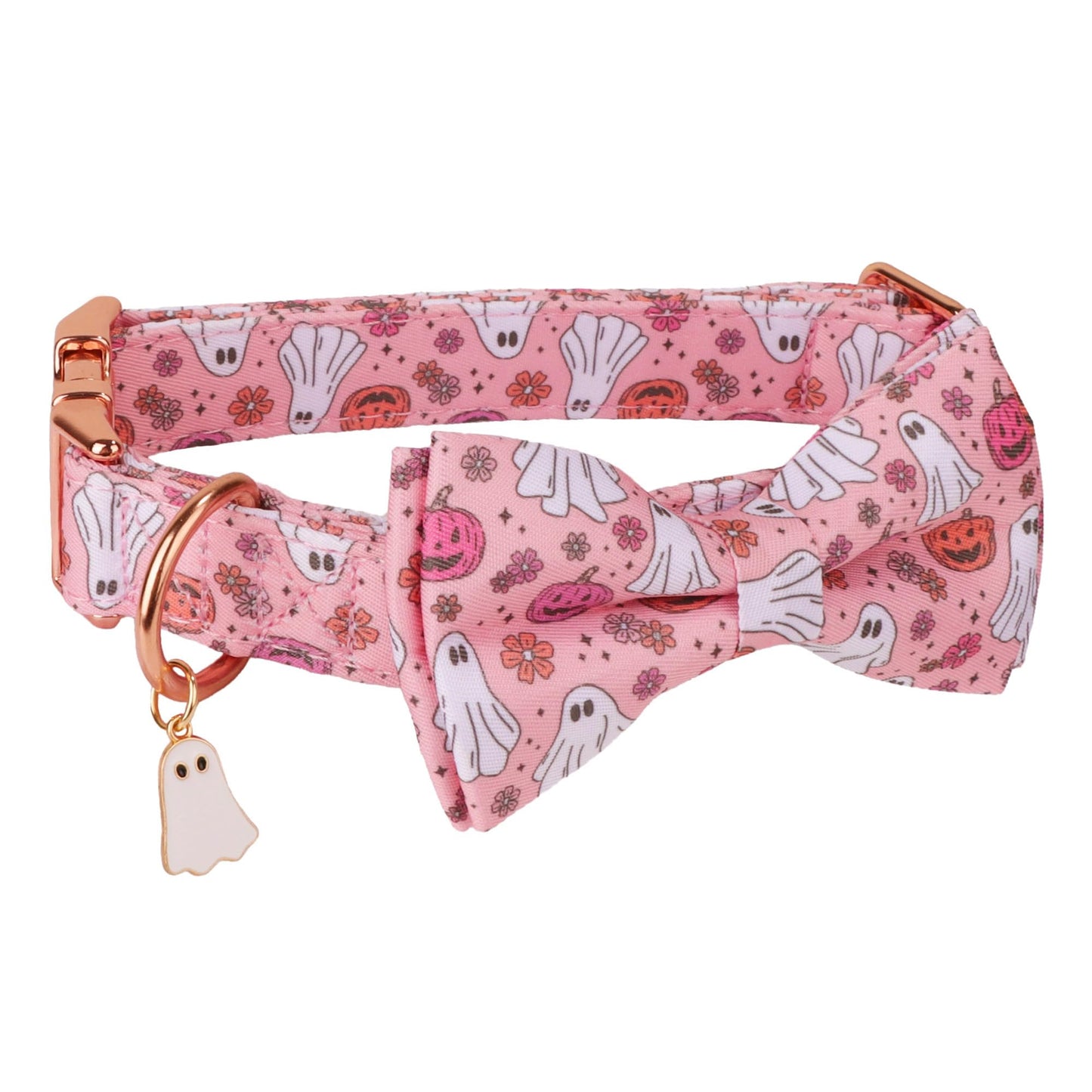 ADOGGYGO Halloween Dog Collar with Bow, Detachable Pink Ghost Pumpkin Bowtie, Metal Buckle, Adjustable Pink Halloween Collars for Medium Dogs Girl (Medium)
