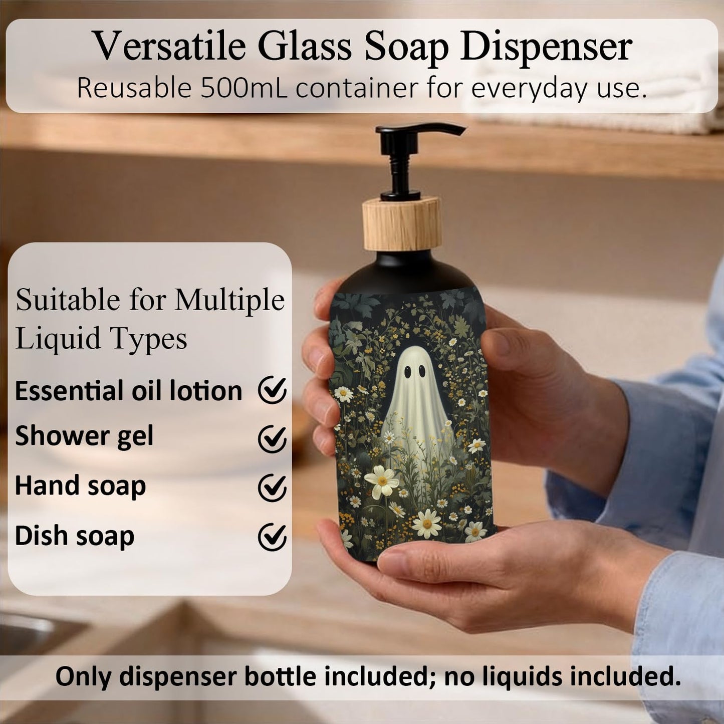 OuOvOwO Halloween Ghost Floral Black Glass Soap Dispenser