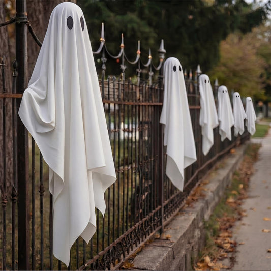 Junkin Halloween 6 Pack Ghost Fence Outdoor Decorations Large Spooky Hanging Ghost Yard Decorations for Outdoor Porch Garden Lawn Party Tree Indoor Chear Porch