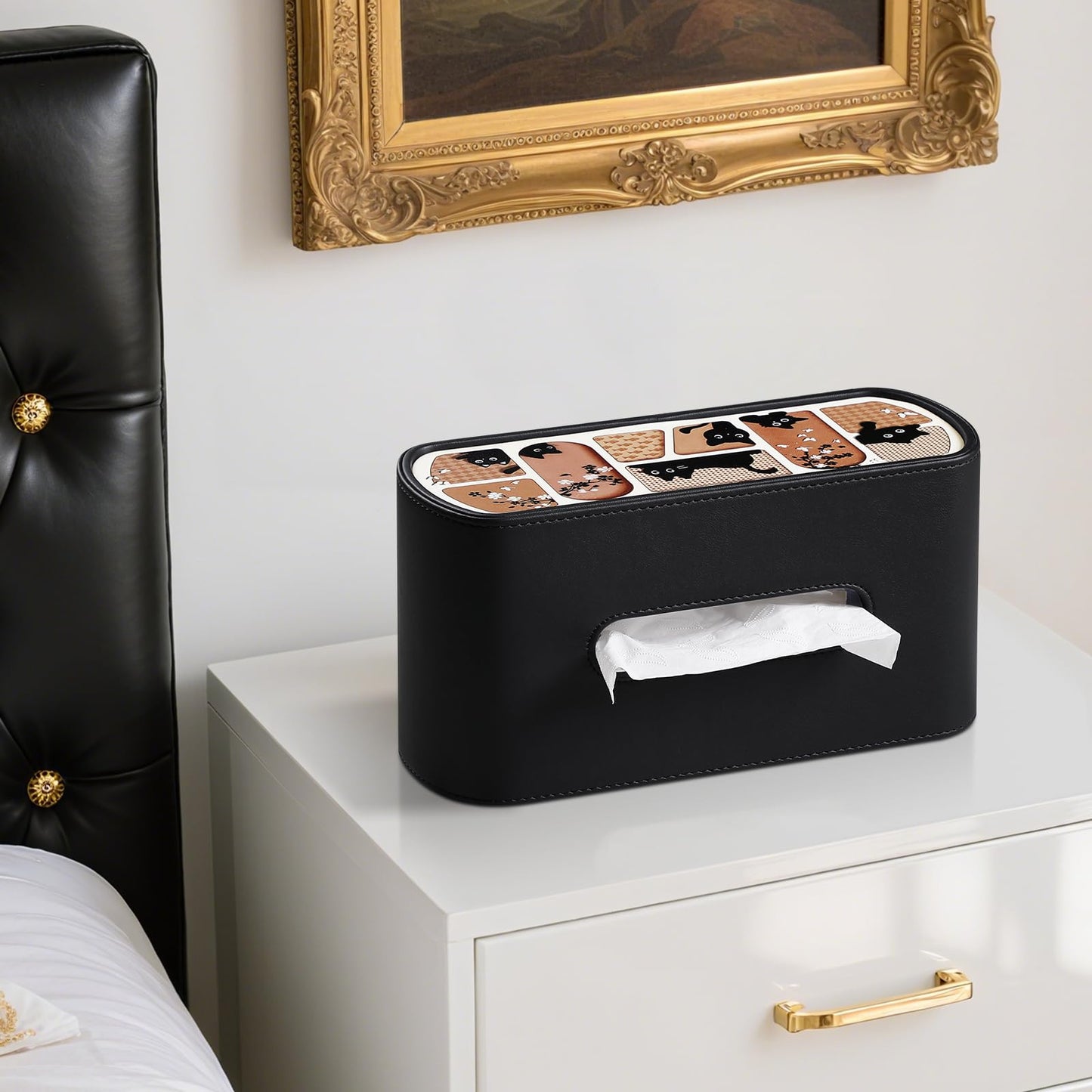 MEIBOOCH Cat-Themed Tissue Box Cover, Cat Lover Gifts PU Leather Tissue Cover, Square/Rectangular Tissue Holder for Bathroom Living Room Office (Black, Rectangle - for 120/160 Count Tissue Boxes)