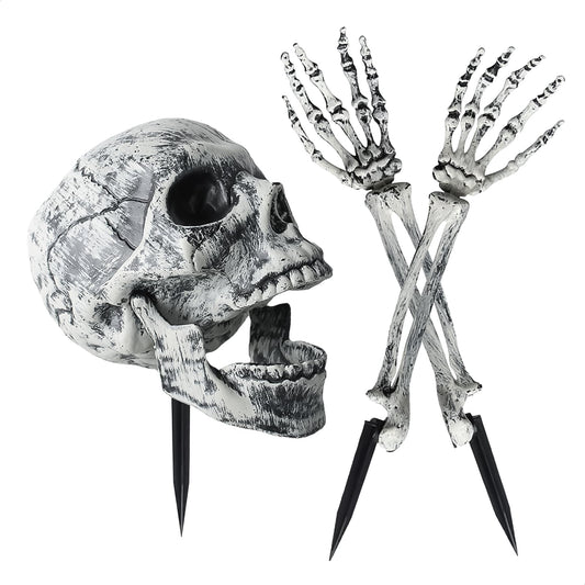 QQV Halloween Skeleton Stakes Decorations, Scary Creepy Skeleton Decoration, Realistic Halloween Groundbreakers Skull Head Arms Decor for Outdoor Garden Graveyard Yard Lawn Outdoor Party Supplies