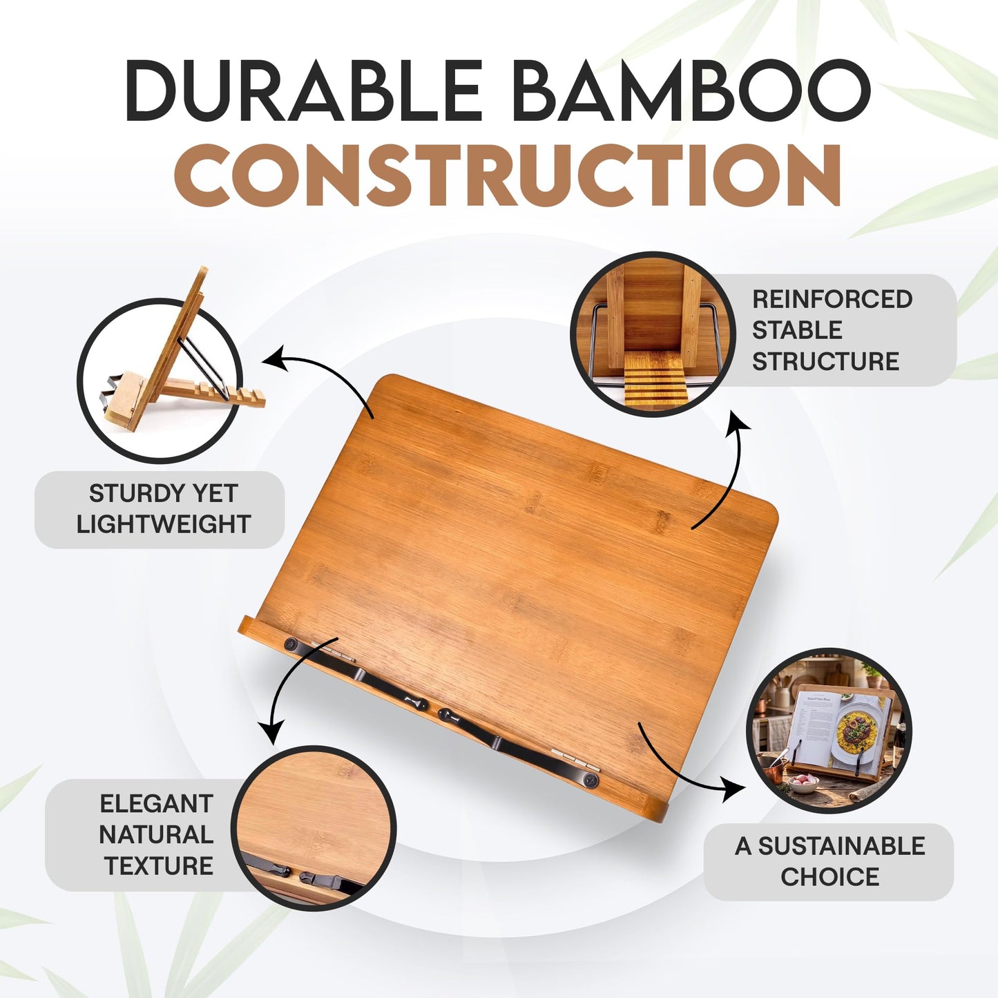 Bamboo Cookbook Stand Large, Adjustable Book Holder Tray and Page Paper Clips - Walnut Color Large - 4-Position Recipe Book Stand Holds Thick Books for Kitchen Counter, Reading, Studying - Foldable