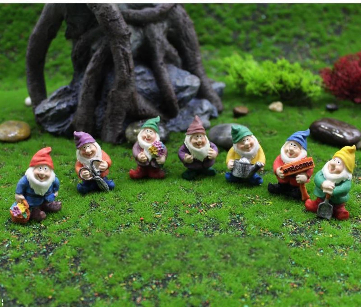Eysinyge Set of 7 Mini Garden Gnomes, Tiny Gnome Figurines for Miniature Fairy Garden Decor, Plant Pot Decorations, Dashboard Ornaments