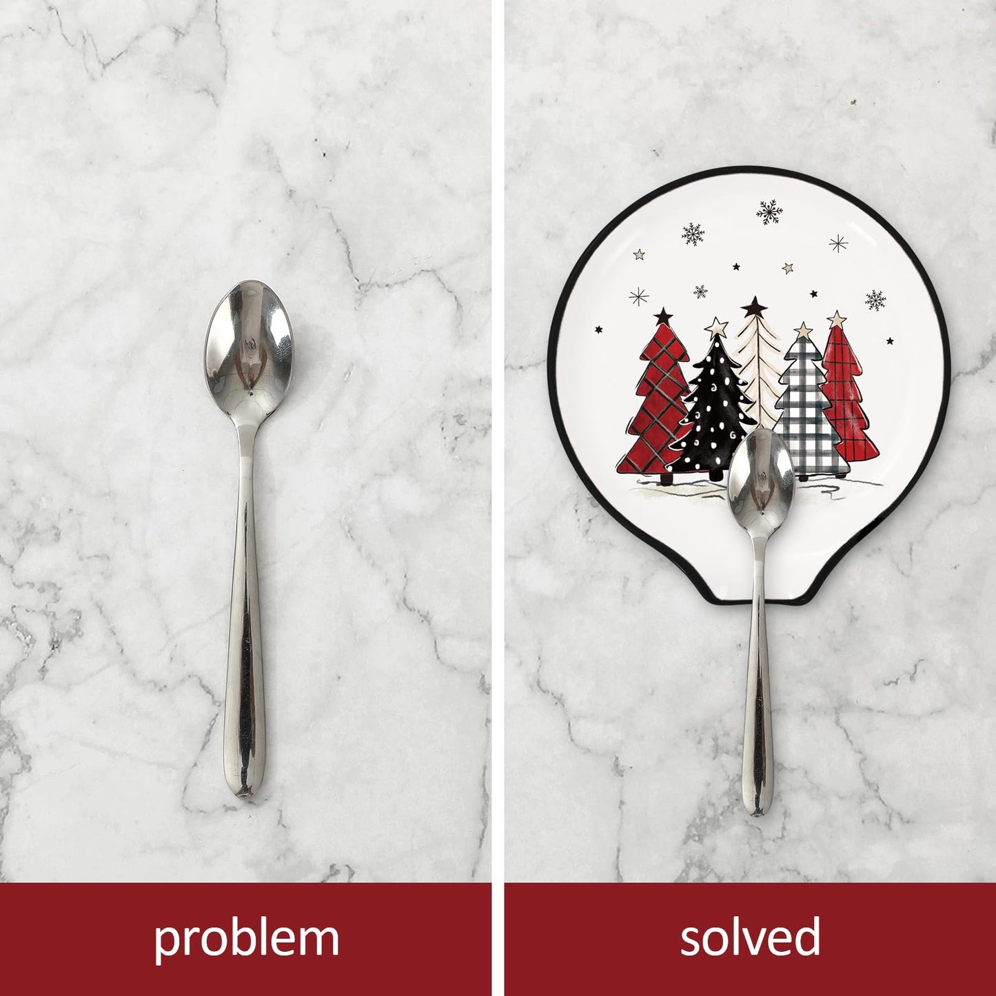 JarThenaAMCS 4.7inch Christmas Ceramic Spoon Rest Plaid Xmas Tree Star Snowflake Small Coffee Spoon Holder for Winter Xmas Coffee Stirrers Teaspoon Bar Coffee Station Accessories