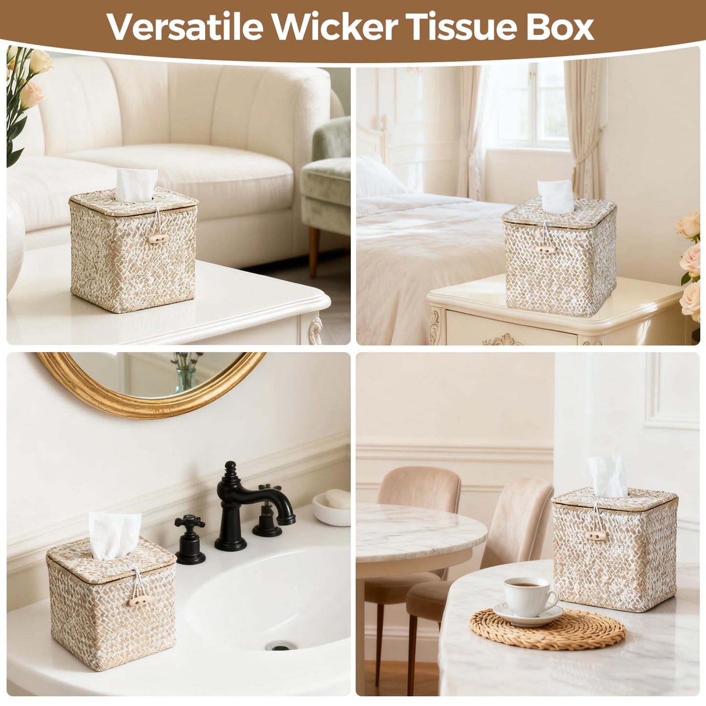 S310 Tissue Box Cover Square, Woven Seagrass Tissue Box Holder with Lid, Wicker Tissue Box Decorative Facial Cube Tissue Cover for Bathroom Office Table, Whitewash