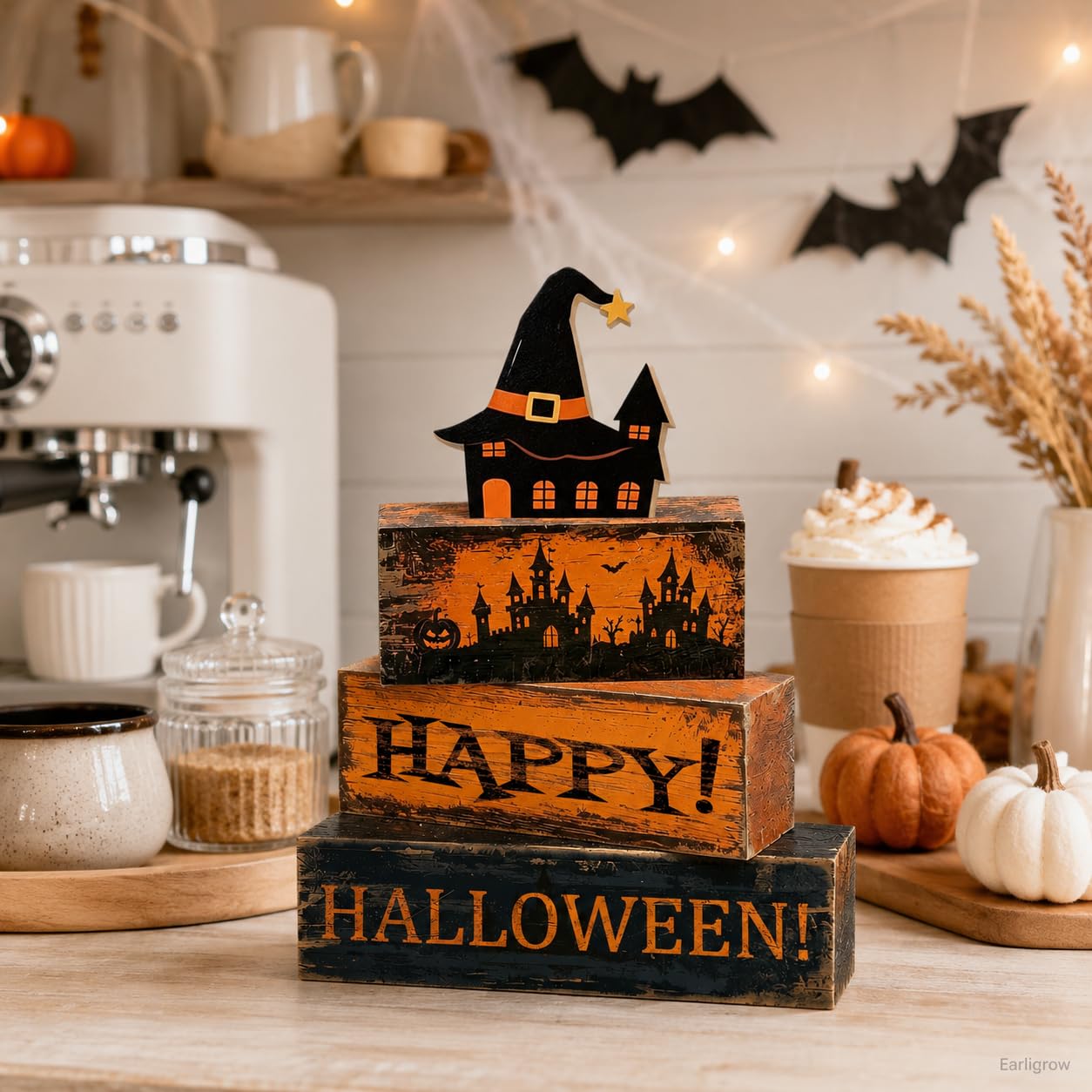 4 Pcs Halloween Table Decorations Distressed Rustic Farmhouse Tiered Tray Decor Stackable Wooden Block Signs with Hat haunted House Topper, Happy Halloween Tabletop Centerpiece for Home Kitchen Office Mantel Shelf Party