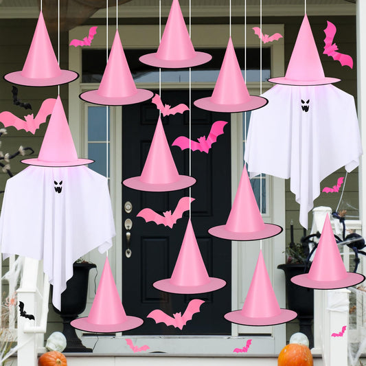 Soulchen 67 Pcs Pink Halloween Decorations Hanging Set 12 Pink Halloween Witch Hats Hanging Scary Ghosts Decor 48 Spooky Bats Wall Stickers 108 ft Rope for Home Front Door Party Ceiling Yard Indoor