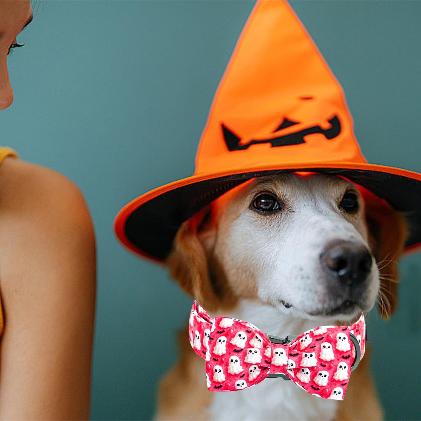 Lionheart glory Halloween Dog Collar with Bow Ghosts Fall Cute Dog Bow Collars Sturdy Soft Adjustable Collar for Small Dogs Girl or Boy Pet Bowtie Collars Party