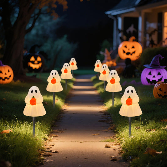 Halloween Ghost Pathway Lights, Ghost Pumpkin Pathway Decoration Lights Built-in 4 C7 LED Bulbs for Halloween Holiday Outdoor Yard Garden Walkway Decor, 7Ft 4PK