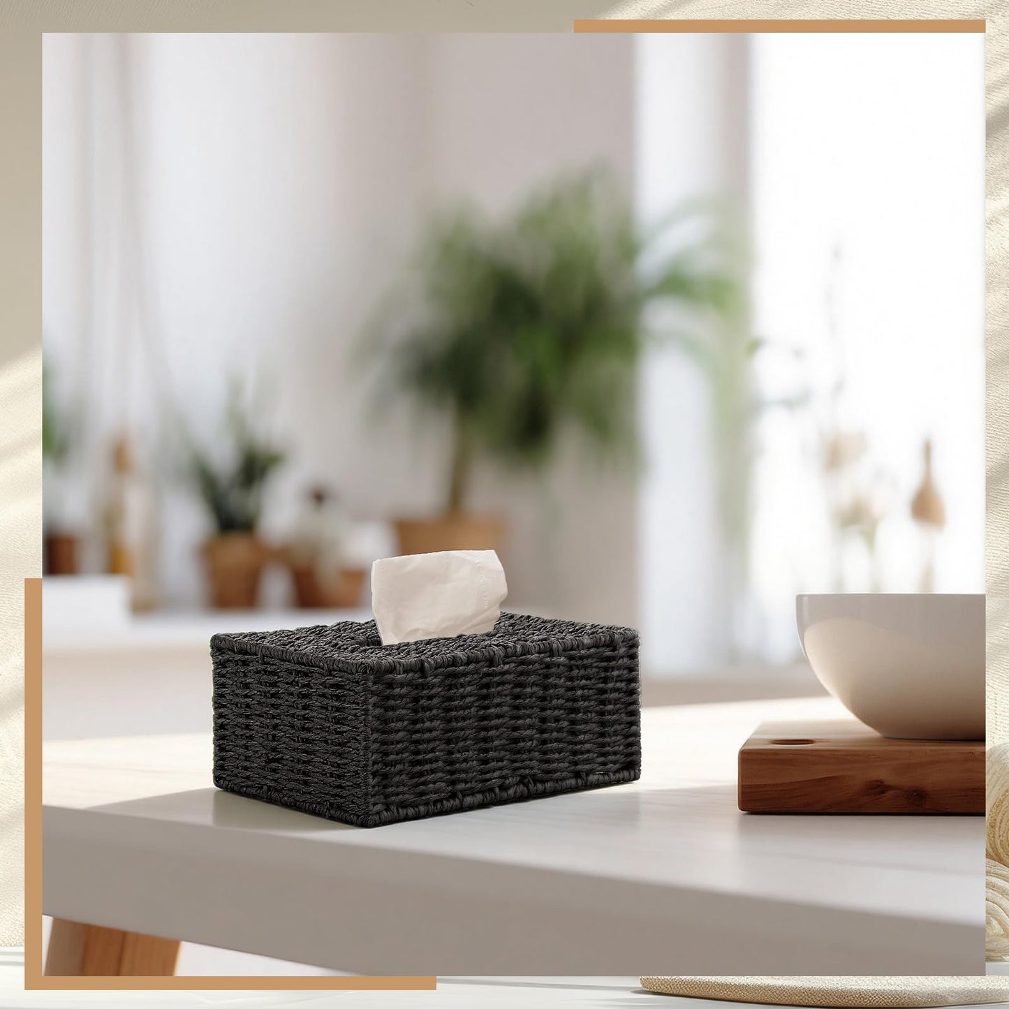 Acellegic Black Tissue Box Cover Rectangle Natural Paper Rope Hand Woven Tissue Box Holder for Bathroom Living Room Bedroom Kitchen Table Desk Office Farmhouse Home Decor