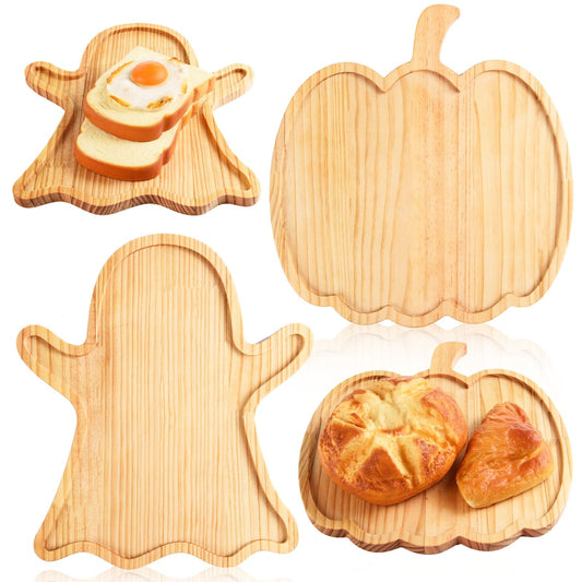 FOBSME 2 Pcs Halloween Wooden Serving Platters Pumpkin and Ghost Shape Charcuterie Boards Fall Wood Serving Trays Decorative Wood Snack Dish Plates for Halloween Autumn Holiday Housewarming Presents