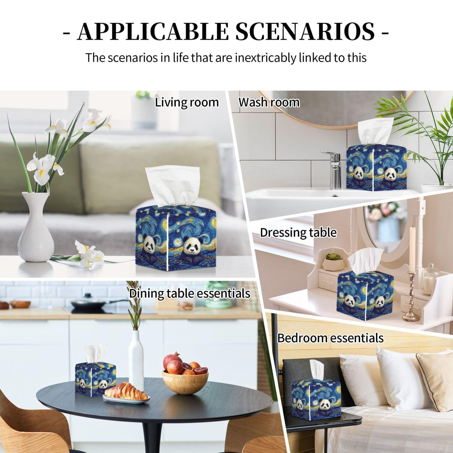 Panda Swirling Stars Tissue Box Cover Square, Waterproof Leather Tissue Box Holder Portable Dispenser Modern Home Decoration for Bathroom Car Nightstand Vanity