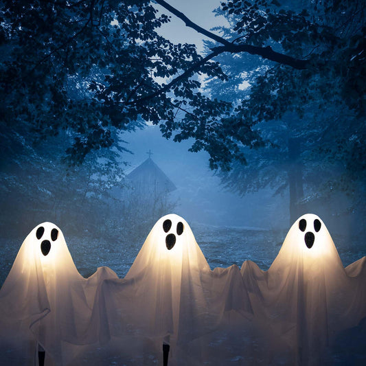 DECORLIFE 3 Packs Halloween Outdoor Decorations, White Ghost Stakes with Light up, 22" Halloween Yard Decorations with Poseable Arms for Lawn, Garden, Trick or Treating