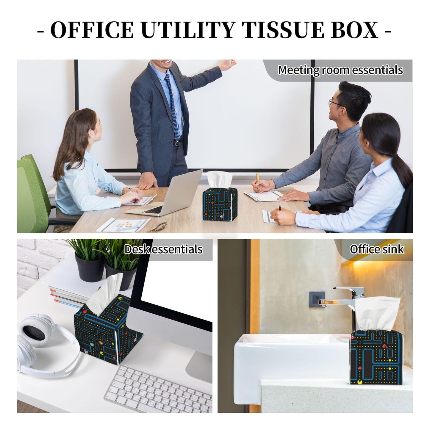 WCMYII Tissue Box Cover Retro Video Game Pattern Modern PU Leather Square Tissue Box Holder - Decorative Holder/Organizer for Bathroom Vanity Countertop, Night Stands, Office Desk & Car 5""X5""X5""