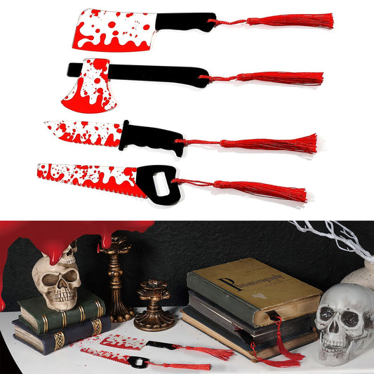 4 PCS Blood-Colored Knife Terrifying Bookmarks, Horror Novelty Book Mark Creepy Tool Shapes Dagger Knife Axe Saw with Blood Stain Design, Halloween Themed Acrylic Bookmarks with Tassels for Books