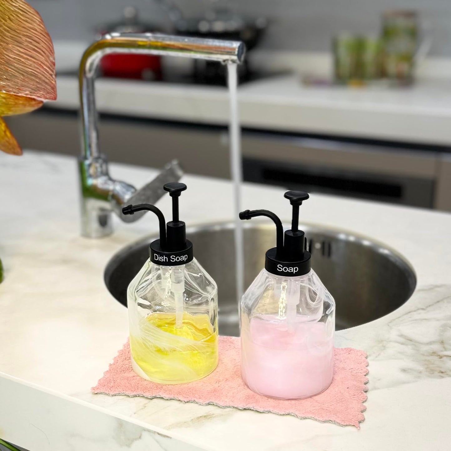 Suanti Bathroom Glass Soap Dispenser Set, 2 Pcs 375ml/12.7 Oz Unique 3D Cloud Pattern Thick Glass Soap Bottle with Smooth Action Rust-Free Black ABS Pump for Kitchen Counter Dish Soap Dispenser