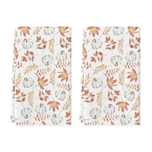 Artoid Mode Orange Leaves Pumpkin Fall Kitchen Towels Dish Towels, 18x26 Inch Farmhouse Decoration Hand Towels Set of 2