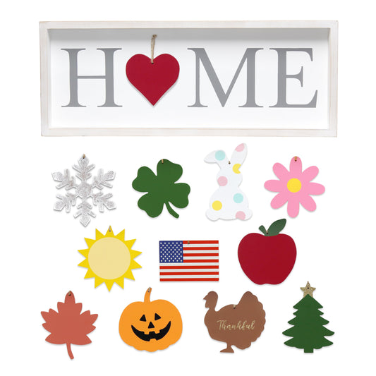 Elegant Designs HG1031-WGY 23" Home Sweet Swap Farmhouse Frame with 12 Seasonal Ornaments, Freestanding or Wall Mountable, White Wash, Gray Text