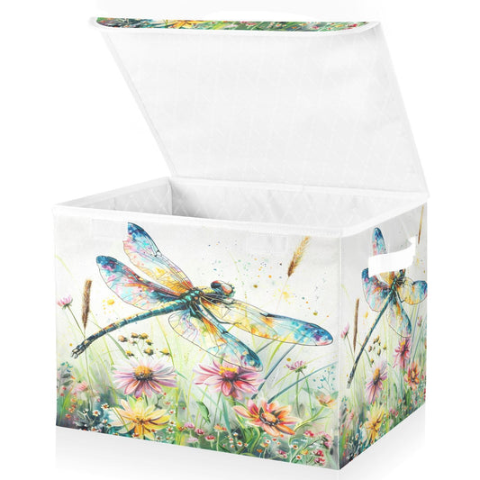 senya Baskets Collapsible Storage Bins with Lids, Dragonfly Wildflowers Painting Storage Boxes Clothes Baskets for Organizing