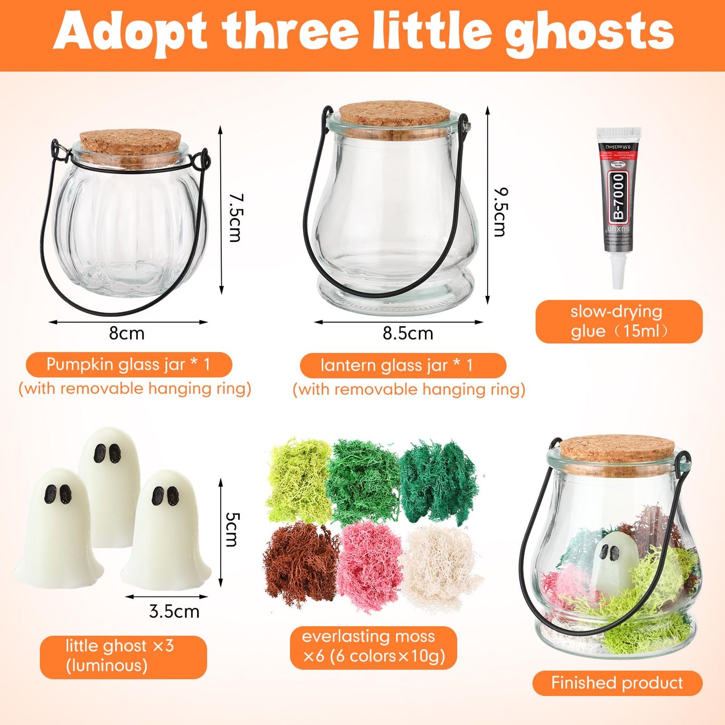 HyDren 6 Set Halloween Pet Ghost in a Jar Adopt a Ghost Glows in the Dark Pet in a Bottle with Moss Luminous Figurines in Glass Spooky Decor Creepy DIY Craft Gift Halloween Party Favor, 3.74 x 3.34In