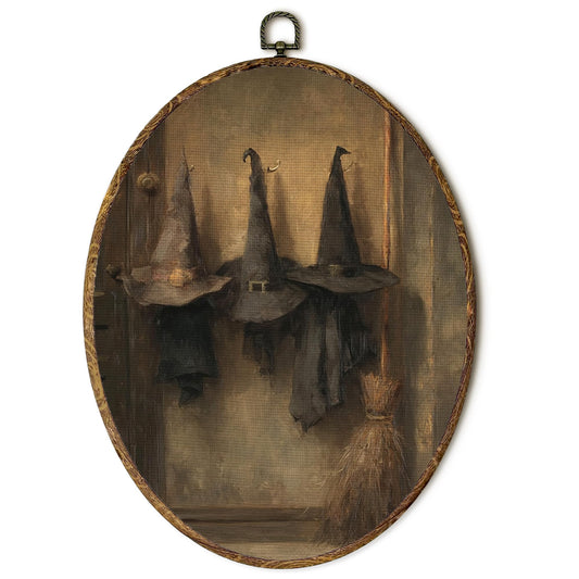 EGVQK Vintage Halloween Witch Hat Oval Wall Art Decor, Witch Broomstick Framed Canvas Prints Wall Art, Dark Academia Oval Canvas Hanging Decor for Scary Halloween Decorations Indoor,8.5x11.5in