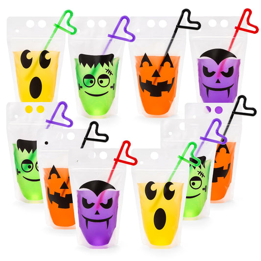 JarThenaAMCS 36 Sets Halloween Drink Pouches Pumpkin Ghost Monster Face Clear Plastic Juice Pouches Colored Handheld Drink Bags with Straws for Holiday Trick or Treat Party Adults Alcohol
