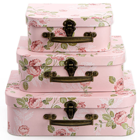 Fasmov 3 Pack Paperboard Suitcases Storage Box Decorative Storage Boxes Gift Boxes With Lids for Photo Storage Home Decoration, Wedding, Birthday, Anniversary, Pink
