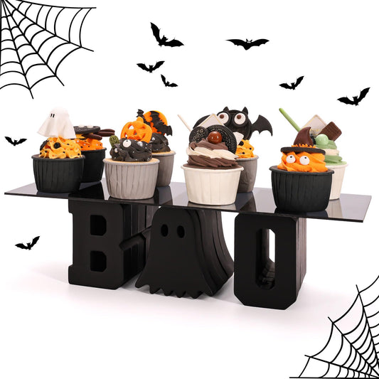 Whaline Halloween Ghost Cupcake Stand Black Ghost Boo Acrylic 6.3 x 15.7 Inch Clear Dessert Display Holder Tray for Holiday Birthday Trick or Treat Party Decoration