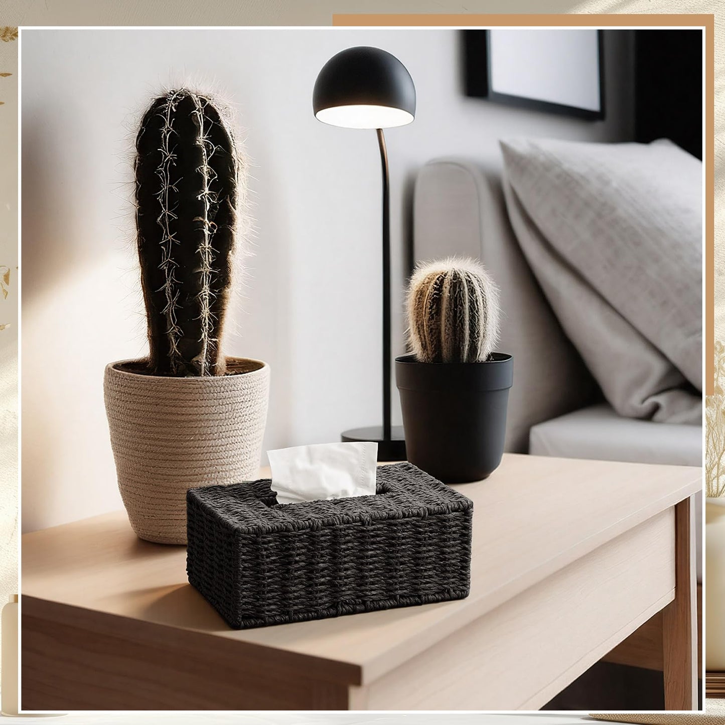 Acellegic Black Tissue Box Cover Rectangle Natural Paper Rope Hand Woven Tissue Box Holder for Bathroom Living Room Bedroom Kitchen Table Desk Office Farmhouse Home Decor