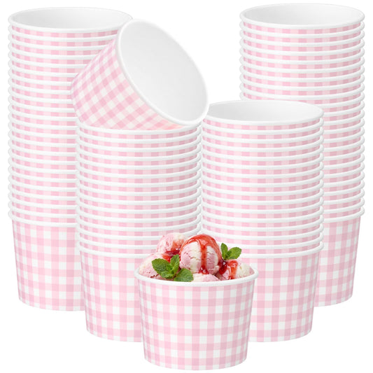 Nuanchu 100 Pack 9 oz Gingham Treat Snack Cups Pink and White Checkered Disposable Paper Cups for Dessert Ice Cream Bowls for Snacks Soup Hot Cold Food Wedding Birthday Baby Shower Decorations