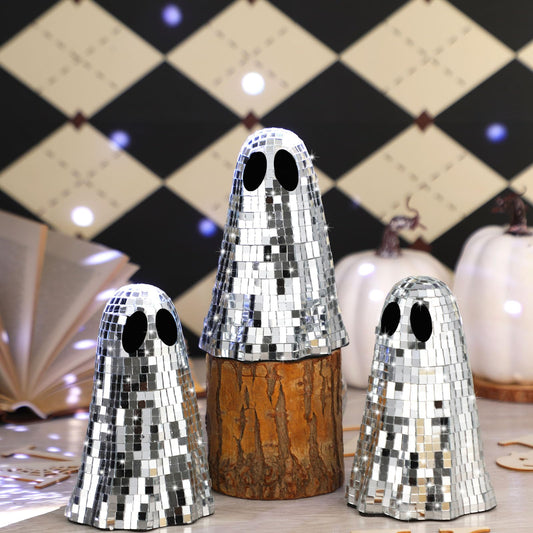 Amyhill 3 Pcs Halloween Disco Ghost Decor 6 Inch Ghost Silver Mirror Disco Ball Table Decoration Indoor Glitter Sign Spooky Halloween Tiered Tray Decoration for Home Props Kitchen Shelf Party Favors