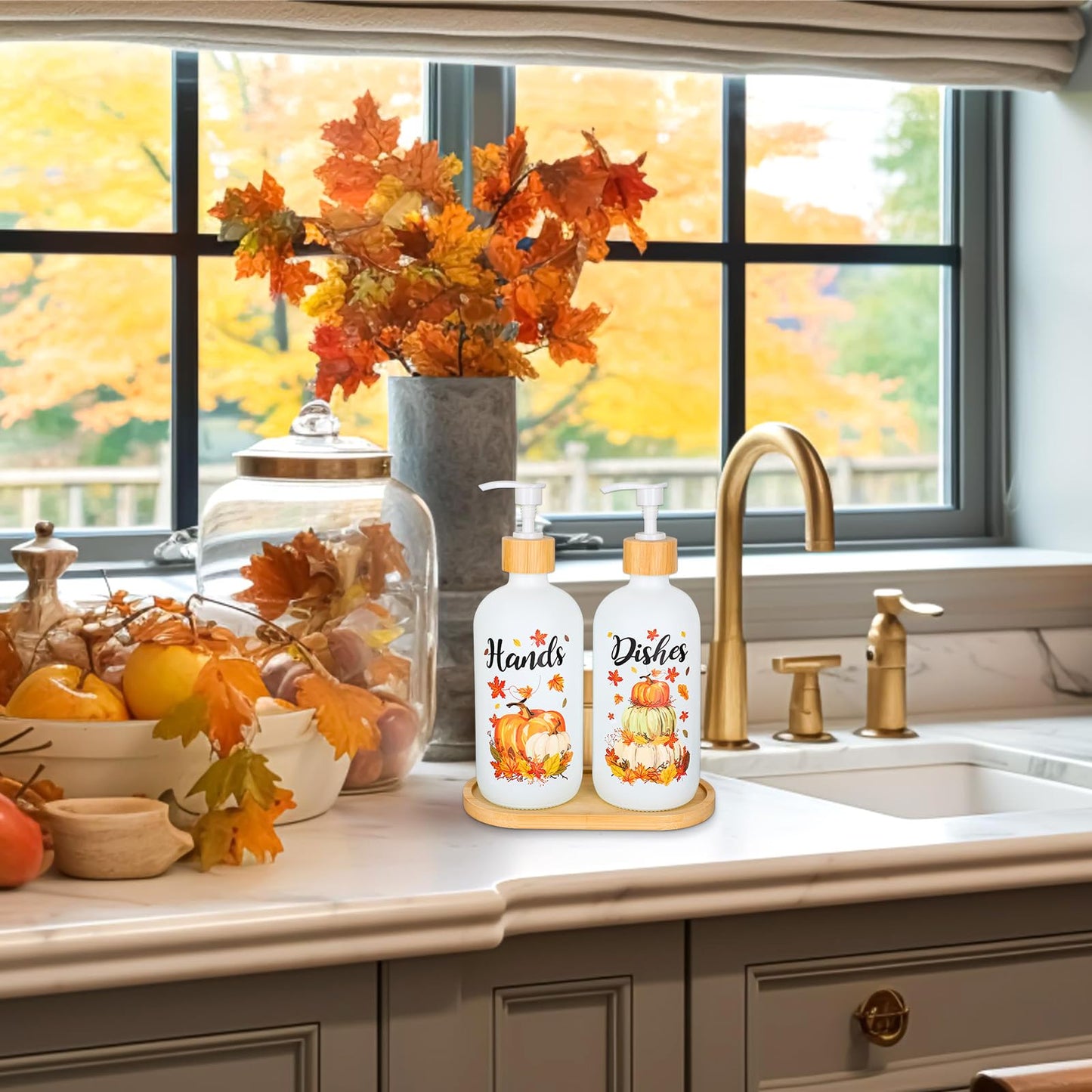 JarThenaAMCS 2Pcs Fall Soap Dispenser Maple Leaves Pumpkin Pile Glass Dispenser with Pump Refillable Liquid Soap Container for Autumn Thanksgiving Kitchen Bathroom Decor