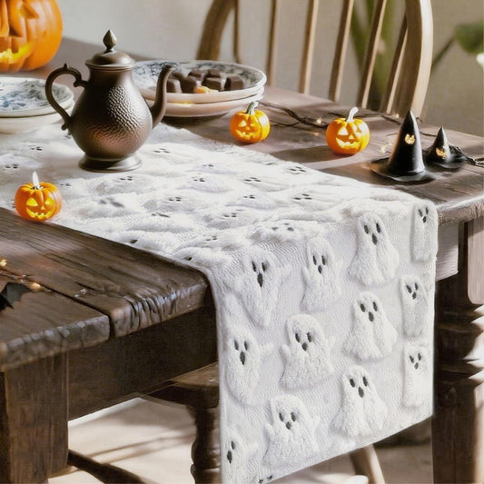 Halloween Table Runner 13x72 Inch Ghost Soft Plush Faux Fur Halloween Table Runner Hallowee Home Decor, Holiday Kitchen Dining Table Decoration for Home Party Decor