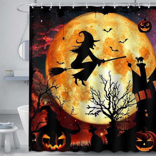 Mocsicka Halloween Shower Curtain Flying Witch Halloween Castle Bathroom Curtain Horror Orange Night Moon Polyester Fabric Shower Curtain Set 72x72 Inch with 12 Hooks
