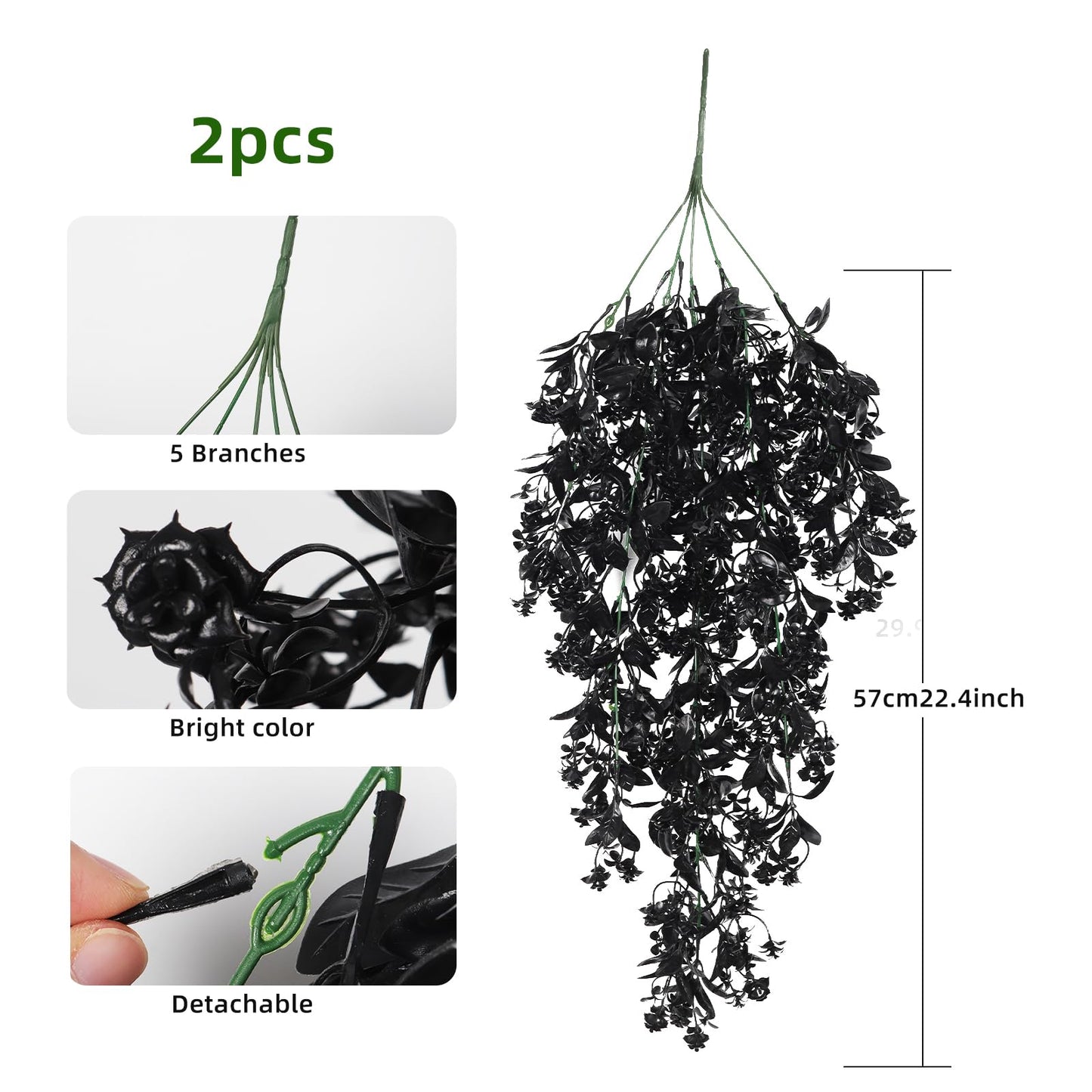 RECUTMS 2Pcs Artificial Black Hanging Flowers for Outdoors Decoration Fake Hanging Plants UV Resistant Plastic Greenery Vines Ivy for Halloween Gothic Home Porch Wall Garden Party Decor（Black）
