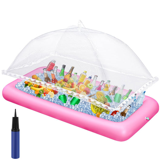 Leitee 3 Pcs Inflatable Serving Bar Kit Includes Salad Buffet Tray with Drain Plug Mesh Food Cover Food Drink Containers and Inflator for Ice Supplies Halloween Party Camping Picnic(Pink)