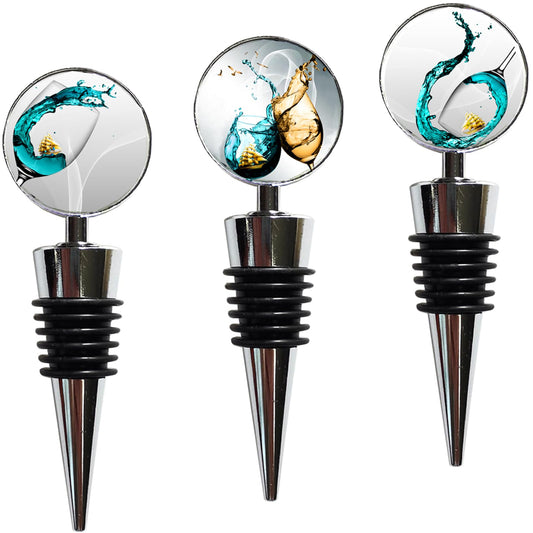 Lockban Wine Bottle Stoppers, Set of 3 Stainless Steel Wine Stoppers with Decorative Art Glass, Wine and Beverage Bottle Corks for Gifts, Bar, Wedding, Holiday Party (Green)
