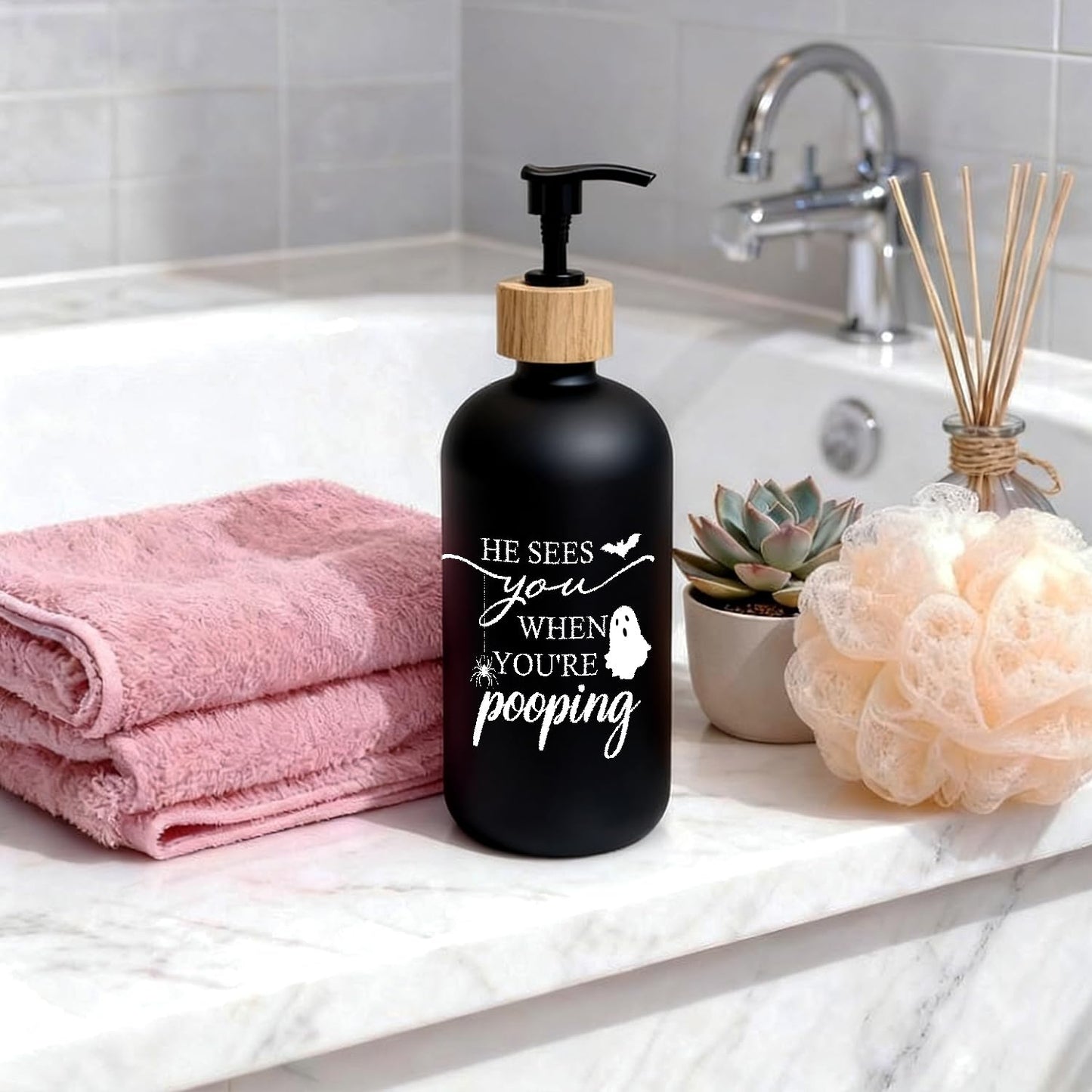OuOvOwO Funny Halloween Bathroom Black Glass Soap Dispenser