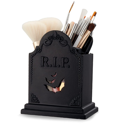 Gueevin Gothic Tombstone Makeup Brush Holder, Wooden Spooky Pen Holder Goth Desk Accessories for Halloween Witchy Home Office Bathroom Decor, Gothic Gifts for Women Vanity Organizer