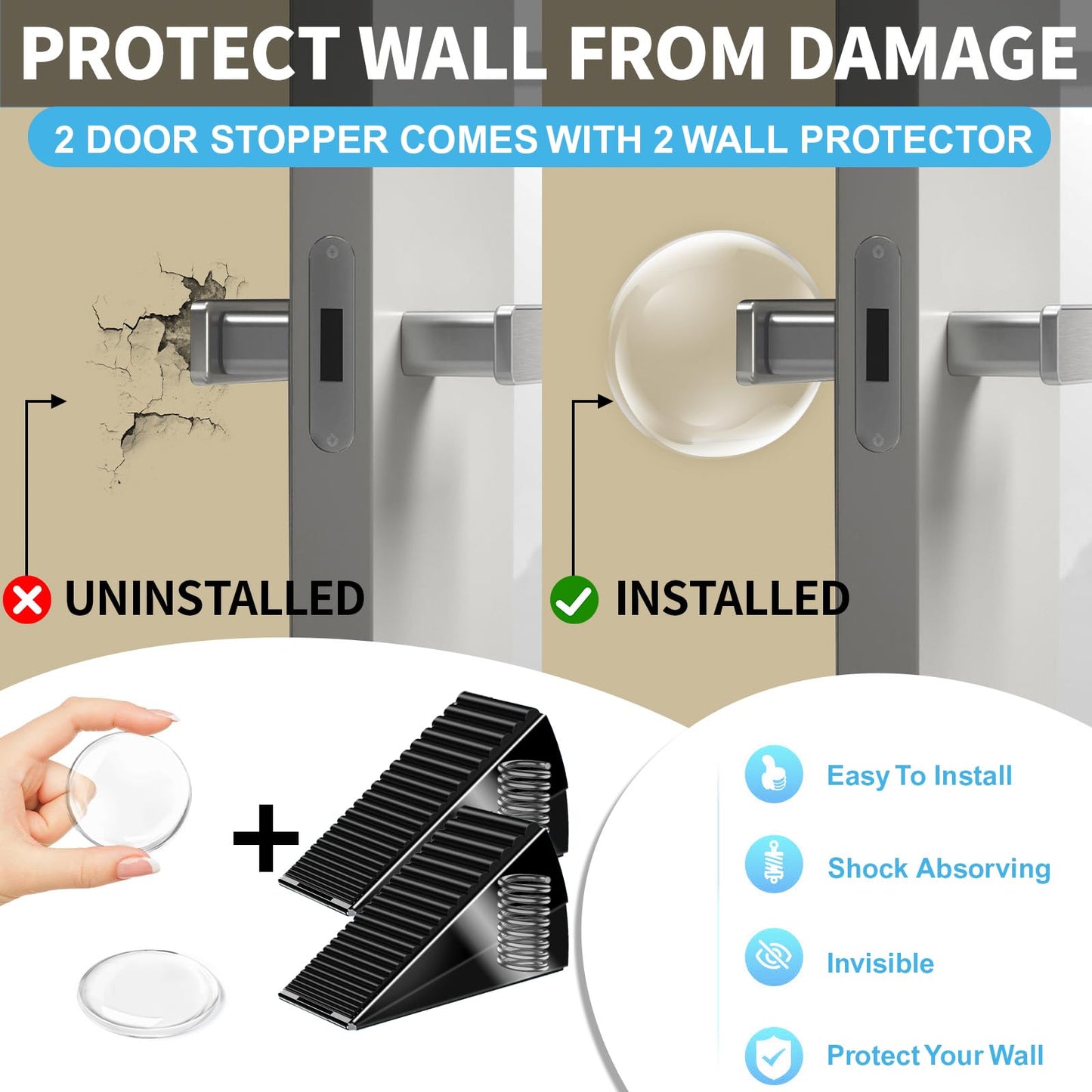 AIMAXINKE Door Stoppers for Bottom of Door- Large Spring Heavy Duty Door Stop Wedge, 3'' High Adjustable Metal Tall Doorstop, Strongest Rubber Grip, Suits Carpet, Tile, Home, School +2 Wall Protectors