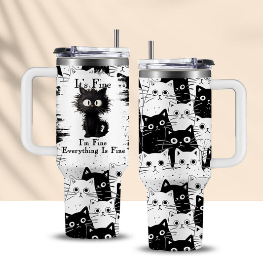 CGMIBAS Cat Lover Gifts, Gift for Cats Lovers Women Men Girls Funny 40oz Black Cats Themed Tumbler Cups with Handle - Everything Is Fine Mug, Christmas Birthday Gift for Black Cat Mom Lady Gifts Cup