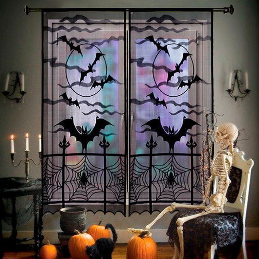 OurWarm 2Pcs Halloween Curtains 84 Inches Long, Spider Web Bats Halloween Black Lace Door Curtains, Halloween Kitchen Curtains, Halloween Curtains for Living Room Halloween Window Decor, 40 x 84 Inch